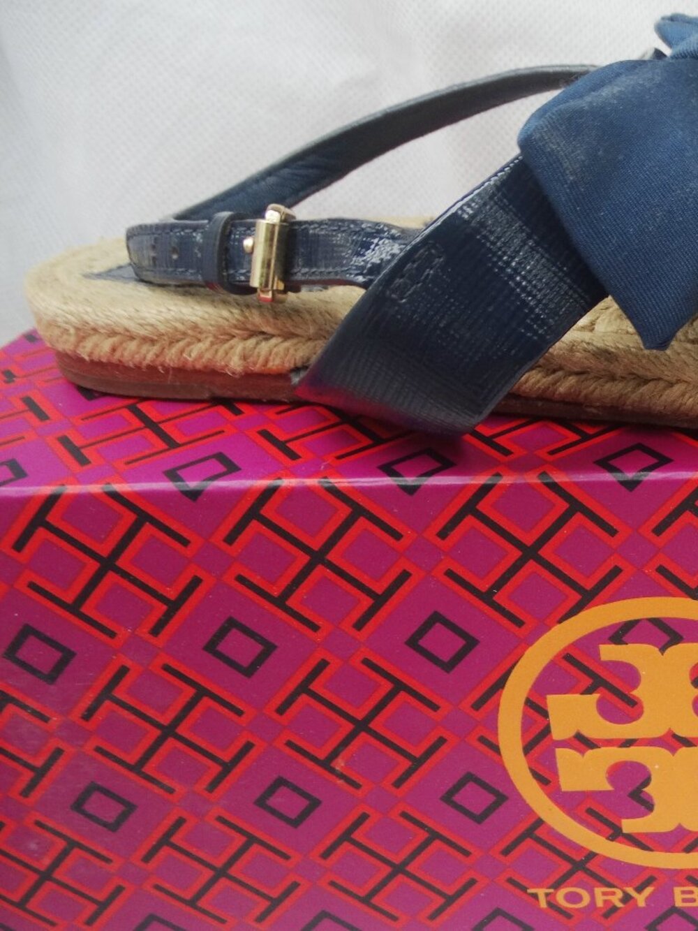 TORY BURCH 8M Penny Flat Bow Espadrille Thong Sandals, navy blue - Picture 5 of 9
